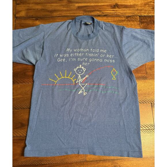 Vintage Screen Stars USA Made Large Fishing Wife T Shirt *Runs SmallSee Measure* - Picture 1 of 8